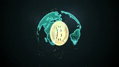 Bitcoin symbol inside earth planet which rotates over black background. Stock Footage 132853072
