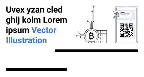 Bitcoin symbol interconnected with circuits, QR code on mobile device, text d Stock Illustration