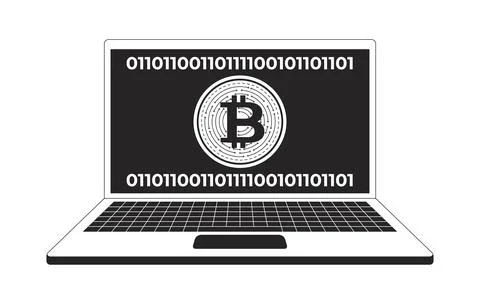 Bitcoin symbol on laptop screen with binary code 2D line object Stock Illustration
