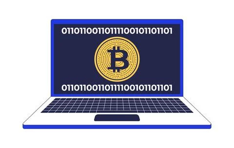 Bitcoin symbol on laptop screen with binary code 2D cartoon object Illustrazione stock