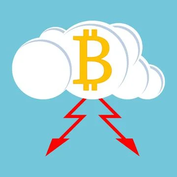 Bitcoin symbol with lightning on a thundercloud on blue sky background. Stock Illustration