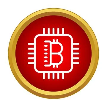 Bitcoin symbol on microchip in red gold circle Stock Illustration