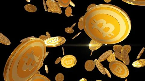 Bitcoin symbol multiplying, gold cryptocurrency coins falling on black Stock Illustration