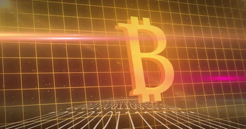 Bitcoin symbol over binary coding against grid lines Stock Footage 139805505