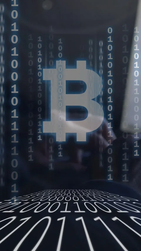 Bitcoin symbol over binary coding against hacker using computer 스톡 동영상 343641510