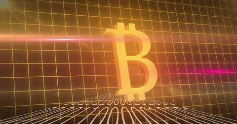 Bitcoin symbol over binary coding against grid lines Stock Illustration