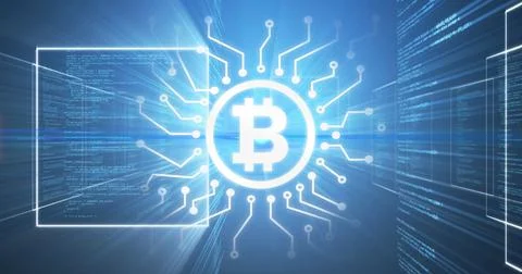 Bitcoin symbol over data processing on blue background. イラスト素材