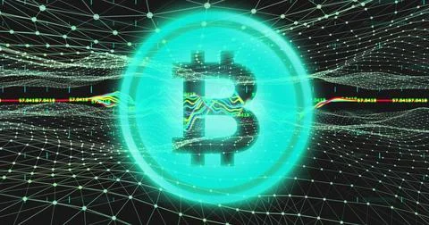 Bitcoin symbol over financial data processing against digital waves. Illustrazione stock