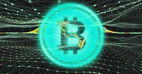 Bitcoin symbol over financial data processing against digital waves. 스톡 일러스트