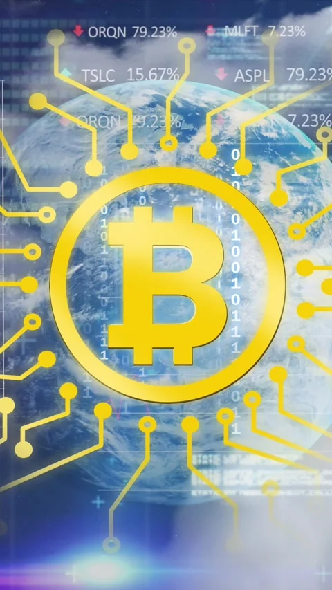 Bitcoin symbol over globe against data processing in the sky Stock Footage 323783929