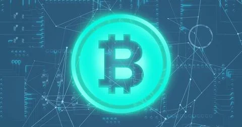 Bitcoin symbol over QR code scanner against network of connections. Stock-Illustration