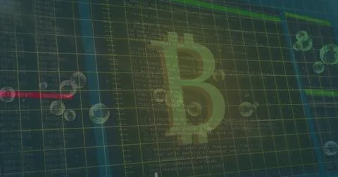Bitcoin symbol overlaying computer code and data charts, representing 스톡 사진