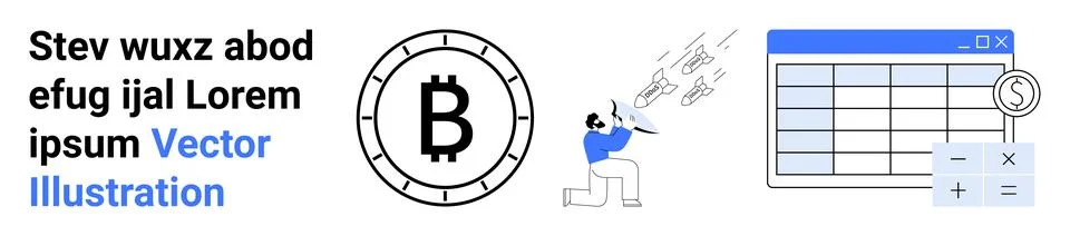 Bitcoin symbol, person analyzing data, table with magnifying glass, and calcu Stock Illustration