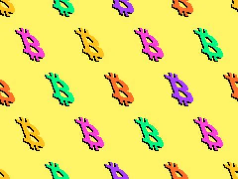 Bitcoin symbol in pixel style. Seamless pattern with the Bitcoin symbol in .. Illustrazione stock