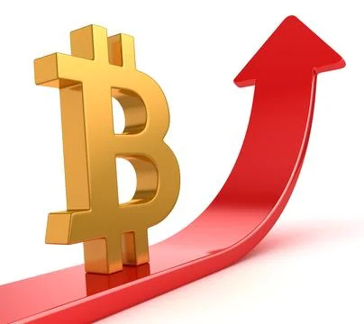 Bitcoin Symbol on Red Arrow Stock Photos
