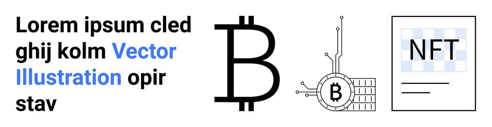 Bitcoin symbol, tech-linked coin, and NFT document. Ideal for finance apps, b Stock Illustration