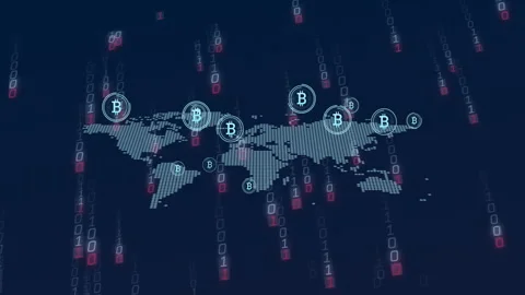 Bitcoin symbols and binary code animating over world map background Stock Footage 304011218
