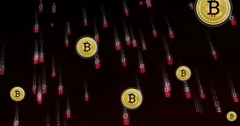 Bitcoin symbols and binary code animation over dark background 库存影片 305725658