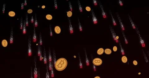 Bitcoin symbols and binary code falling, representing digital finance and Stock Photos