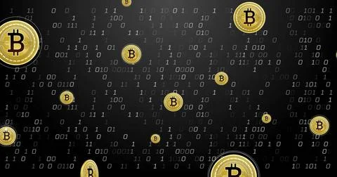 Bitcoin symbols with binary code image over dark background Stock Illustration