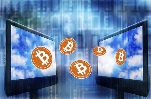 Bitcoin symbols float between computer screens against a blue digital background Stock Photos