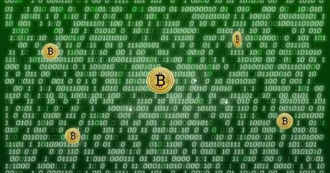 Bitcoin symbols over binary code image on green background 库存照片