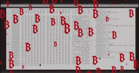 Bitcoin symbols overlaying computer code, representing digital currency and Stock Photos