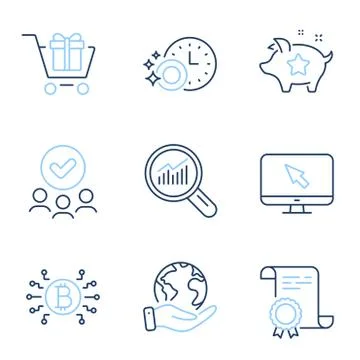 Bitcoin system, Data analysis and Internet icons set. Dishwasher timer, Loyalty Stock Illustration