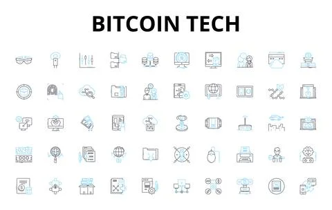 Bitcoin tech linear icons set. Cryptocurrency, Blockchain, Mining, Node Stock Illustration