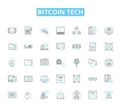 Bitcoin tech linear icons set. Cryptocurrency, Blockchain, Mining, Node Stock Illustration