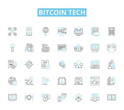 Bitcoin tech linear icons set. Cryptocurrency, Blockchain, Mining, Node Stock Illustration