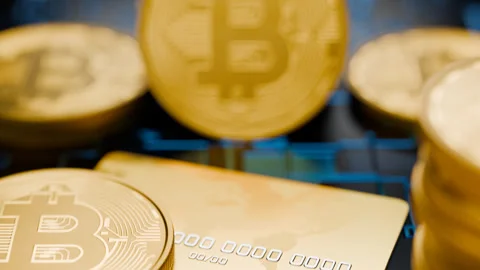 Bitcoin on a technology background. Stack of bitcoin coins. Stock Footage 258132406