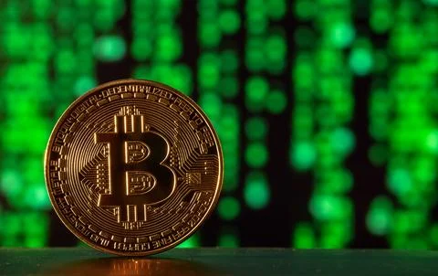 Bitcoin with technology binary code. Digital binary data and secure data with Stock Photos