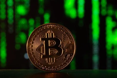 Bitcoin with technology binary code. Digital binary data and secure data with Stock Photos