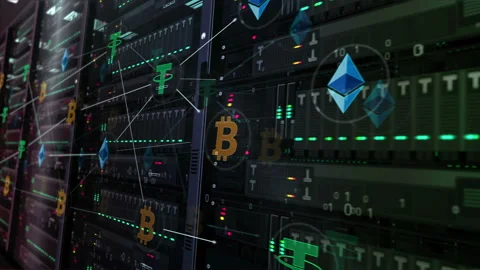 Bitcoin Tether Ethereum mining on servers room in background loop Video stock 140931675