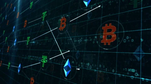Bitcoin Tether Ethereum mining symbols on servers room in background loop Video stock 140962506