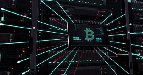 Bitcoin Tether Ethereum mining symbols on datacenter servers Video stock 141686026