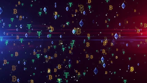Bitcoin Tether Ethereum mining symbols digital loopable background Video stock 141686092