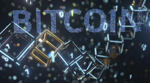 Bitcoin text and cubic chain and binary numbers. Cryptocurrency concept, 3D 스톡 일러스트