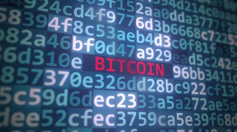 BITCOIN text and source code on the computer monitor, 3D rendering Stock Illustration