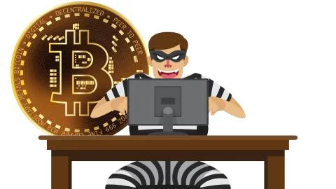 Bitcoin Thief On White İsolated Stock Illustration