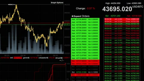 Bitcoin ticker trading screen showing record high priced cryptocurrency Stock Footage 148103230