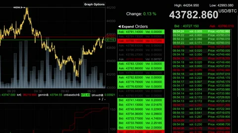 Bitcoin ticker trading screen showing record high priced cryptocurrency Vídeo Stock 148103638