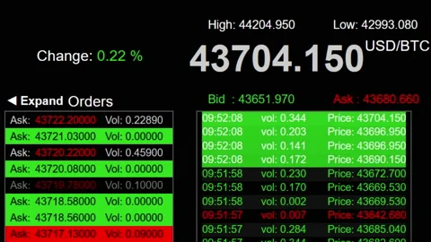 Bitcoin ticker trading screen showing record high priced cryptocurrency Vidéo 148104397