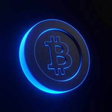 Bitcoin token with bright glowing futuristic blue neon lights Stock Illustration