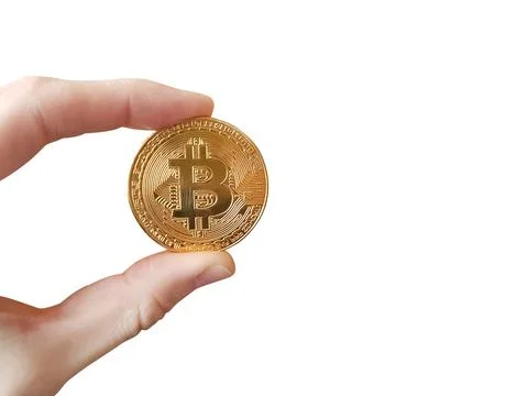 Bitcoin token in woman's hand isolated on white background Stock Illustration