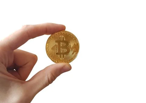 Bitcoin token in woman's hand isolated on white background Stock Illustration