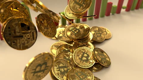 Bitcoin tower grows and flies through the air towards camera Stock Footage 287384542