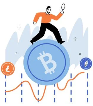 Bitcoin trader man running on chart and graph. Trading chart in background .. Stock Illustration