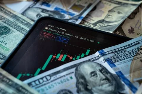 Bitcoin Trading Chart with Dollar Bills, Financial Market Stock Photos